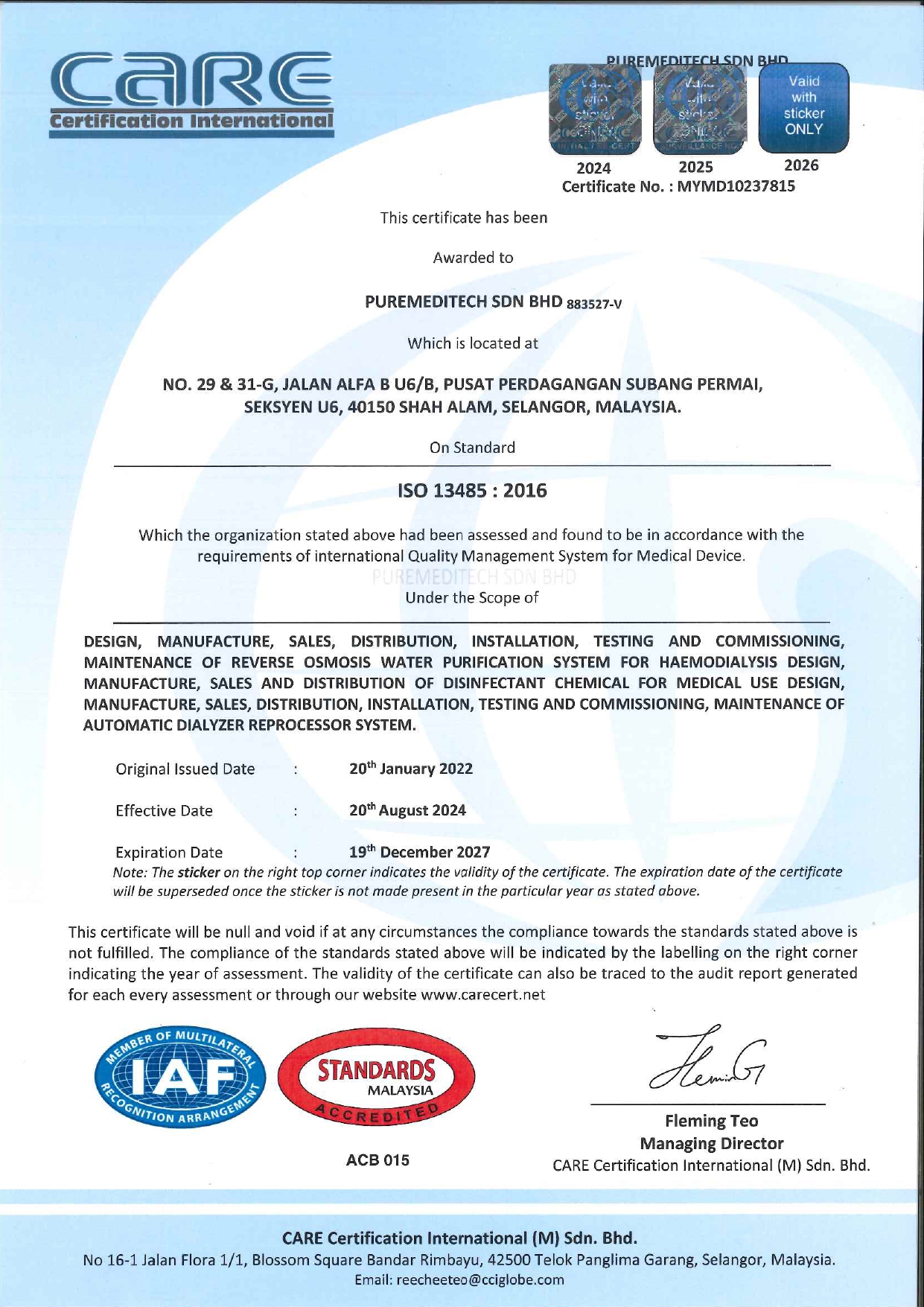 ISO 13485:2016 certificate (2024–2027)
